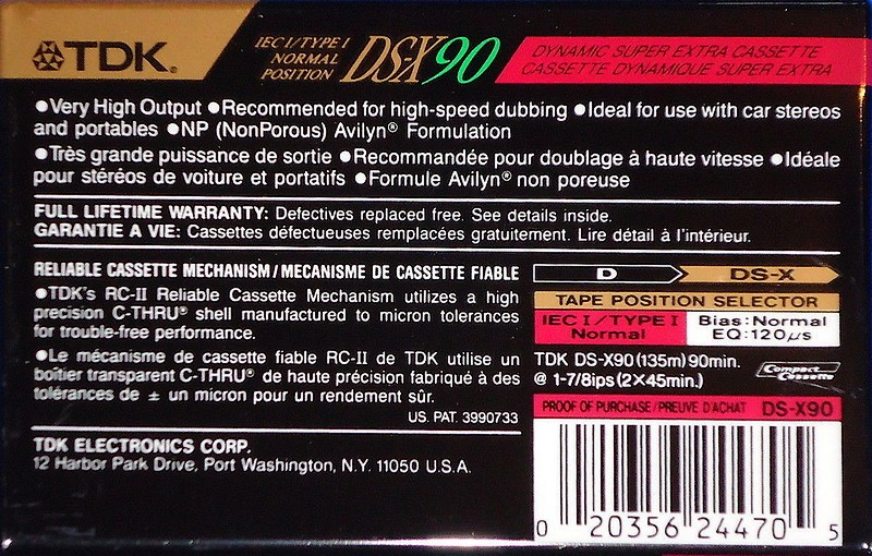 Compact Cassette TDK DS-X 90 "DS-X90" Type I Normal 1991 North America