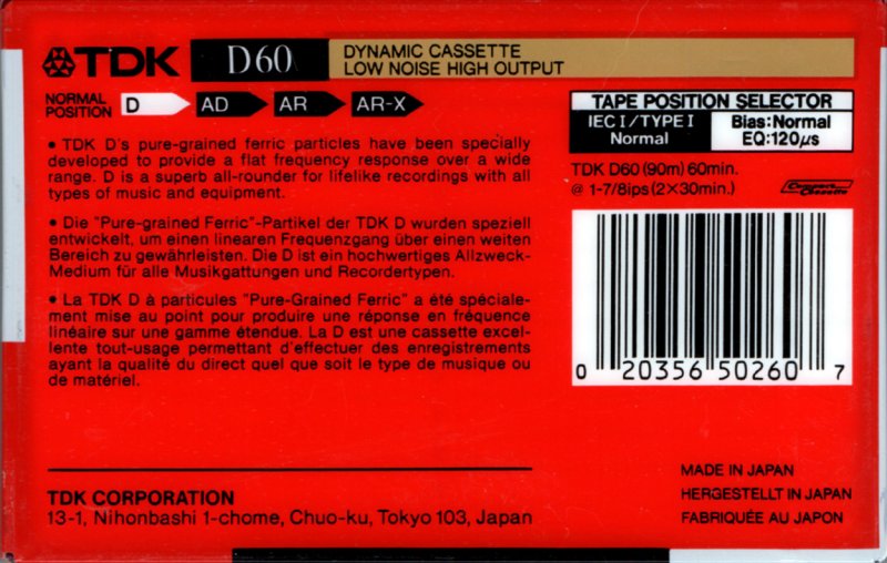 Compact Cassette TDK D 60 Type I Normal 1988 North America