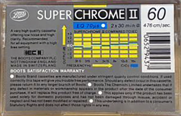 Compact Cassette Boots / Boots Audio Super Chrome 60 Type II Chrome 1987 UK