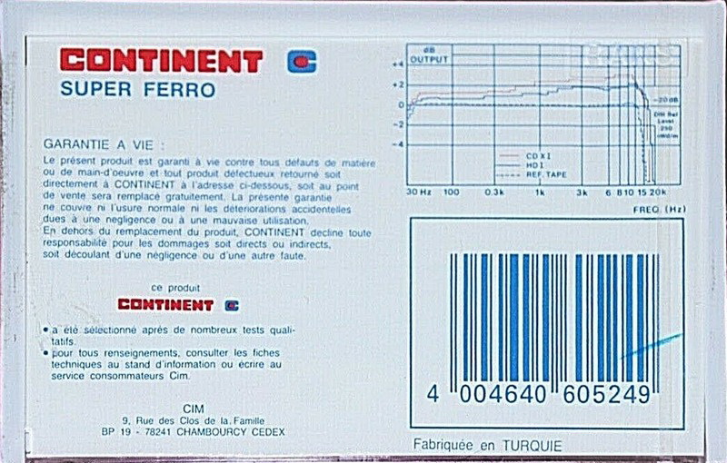 Compact Cassette Continent C 60 "CD-XI" Type I Normal 1988 Turkey