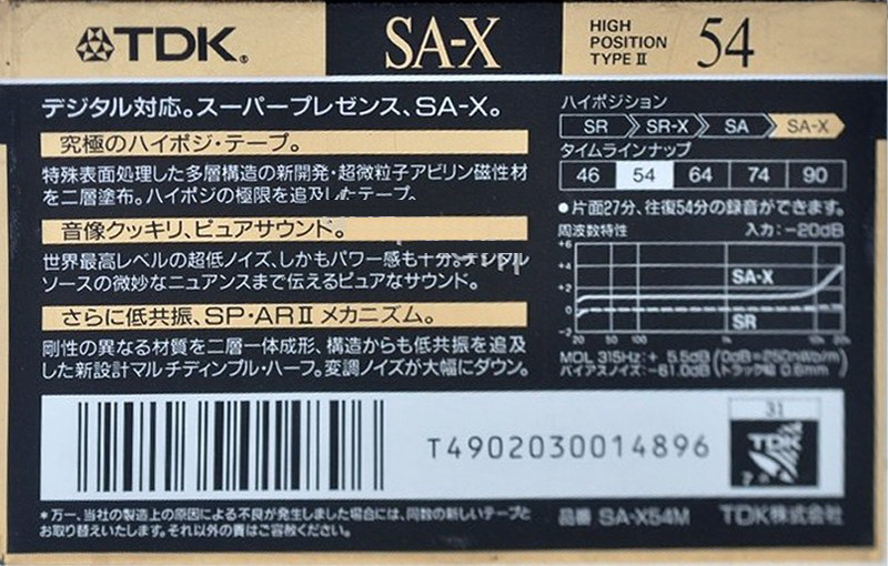 Compact Cassette TDK SA-X 54 "SA-X54M" Type II Chrome 1990 Japan
