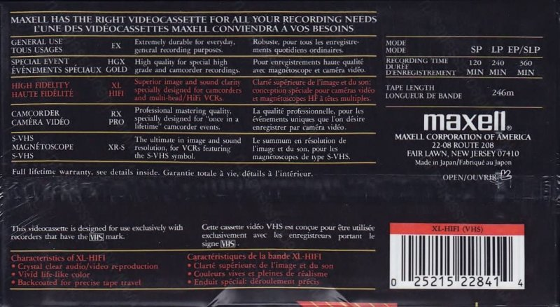 VHS, Video Home System Maxell XL-HiFi 120 Type II Chrome 1989 North America