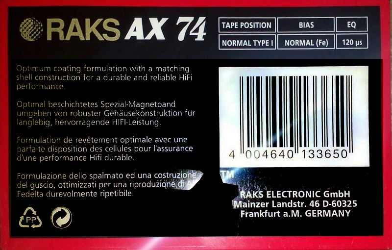 Compact Cassette RAKS AX 74 Type I Normal 1996 Europe