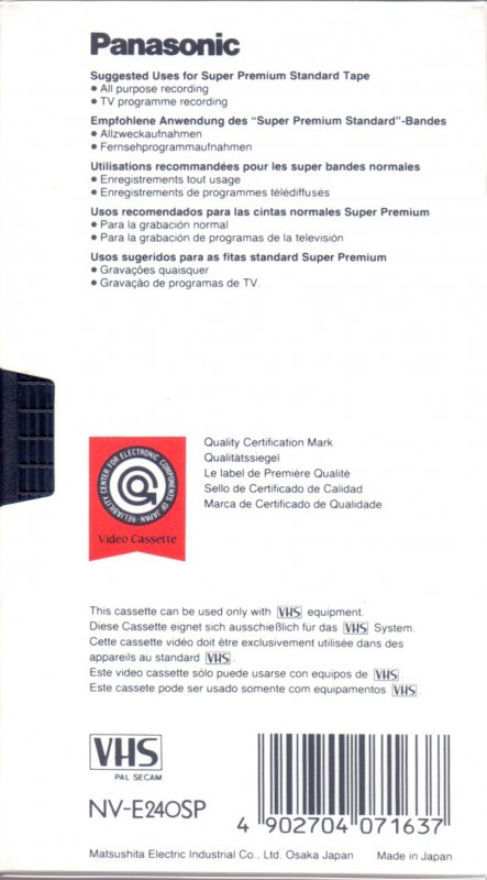 VHS, Video Home System Panasonic Super SP 240 "NV-E240SP" Type I Normal 1988 Europe