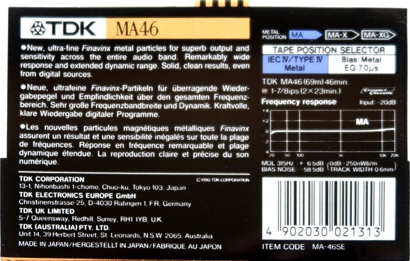 Compact Cassette TDK MA 46 "MA-46SE" Type IV Metal 1990 Europe