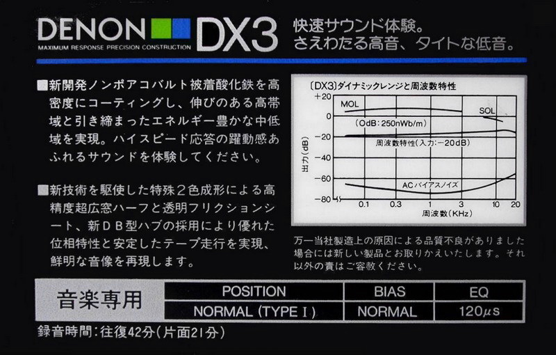 Compact Cassette Denon DX3 42 "DX3/42H" Type I Normal 1985 Japan