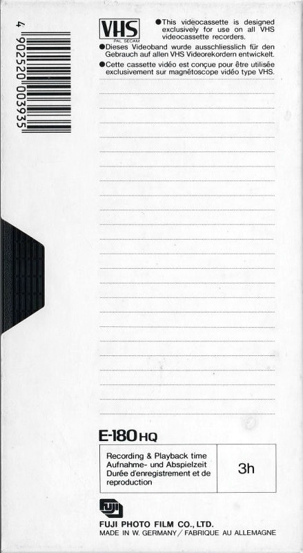 VHS, Video Home System Fuji HQ 180 "E-180HQ" Type I Normal 1987 Europe