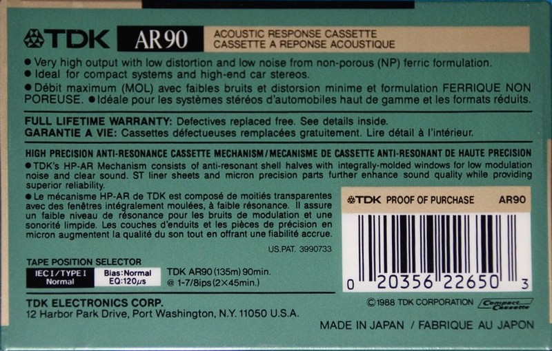 Compact Cassette TDK AR 90 "AR90" Type I Normal 1988 North America