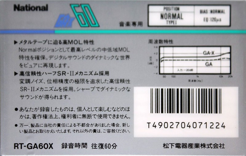 Compact Cassette National GA-X 60 "RT-GA60X" Type I Normal 1987 Japan