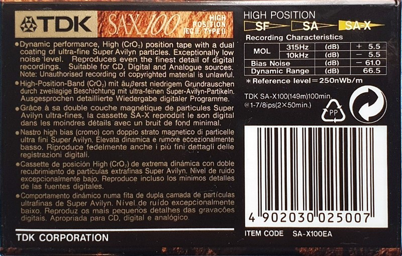Compact Cassette TDK SA-X 100 "SA-X100EA" Type II Chrome 1995 Europe