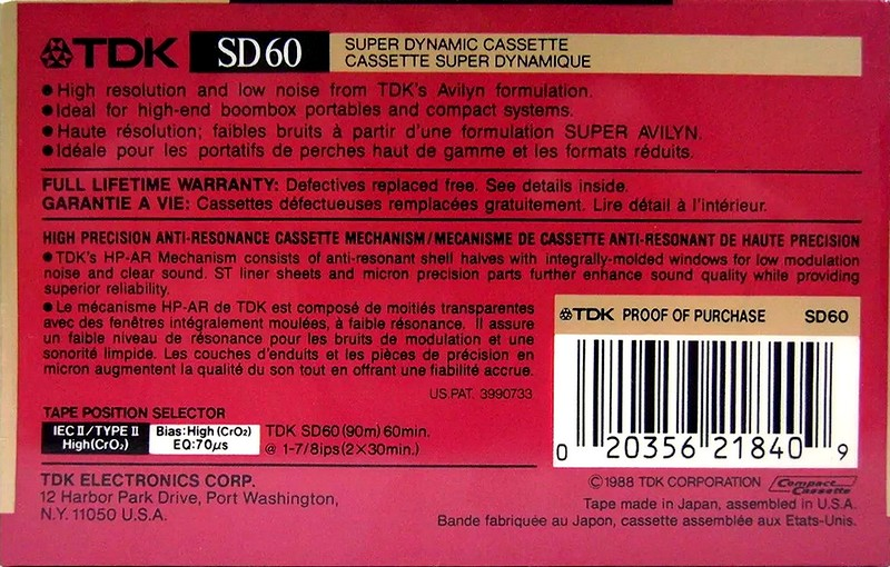 Compact Cassette TDK SD 60 Type II Chrome 1988 North America
