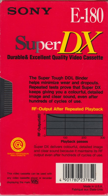 VHS, Video Home System Sony Super DX 180 Type I Normal 1992 Europe