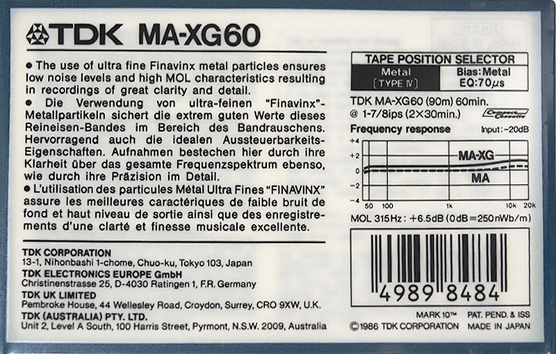 Compact Cassette TDK MA-XG 60 Type IV Metal 1986 Australia, Europe
