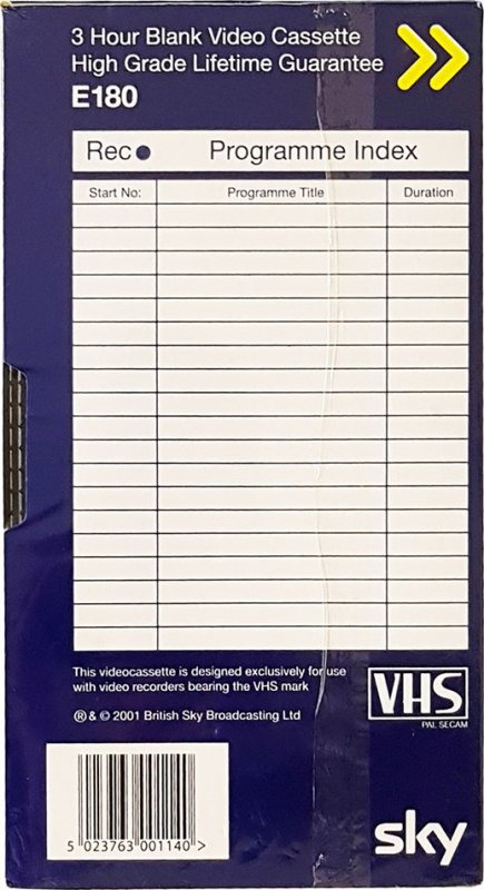 VHS, Video Home System Sky HG 180 Type I Normal 2001 UK
