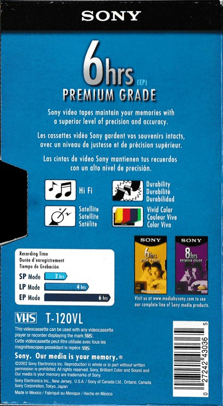 VHS, Video Home System Sony Premium Grade 120 "T-120VL" Type I Normal 2002 North America