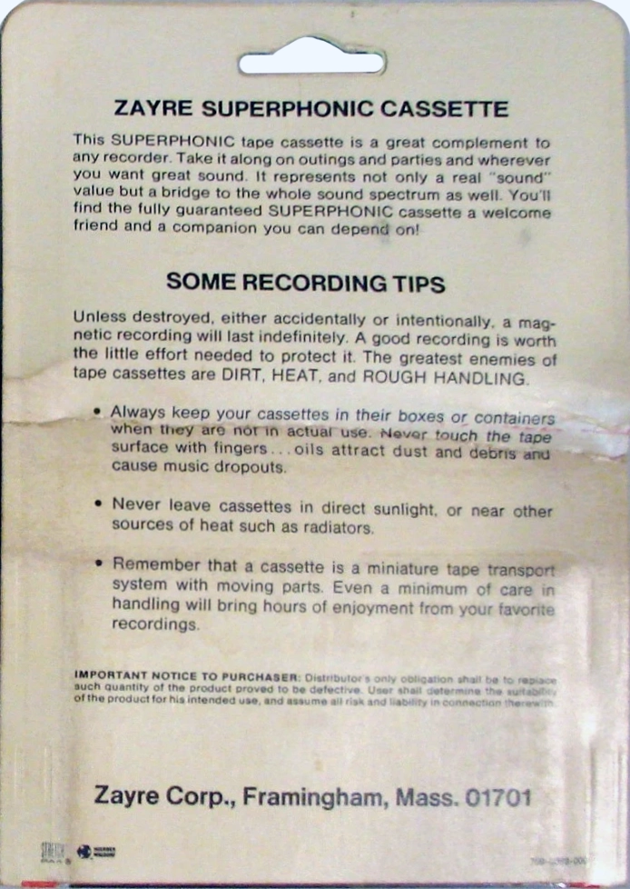 Blister Zayre Superphonic 90 Type I Normal 1974 USA