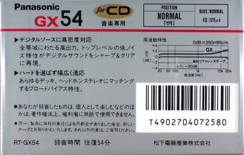 Compact Cassette Panasonic GX 54 "RT-GX54" Type I Normal 1989 Japan
