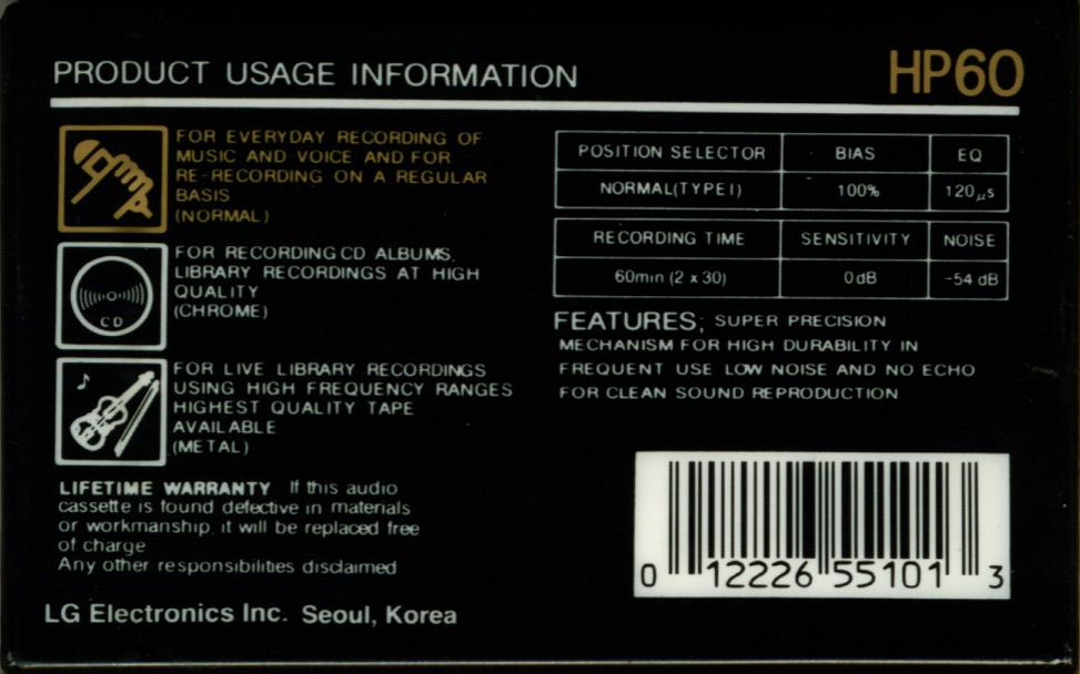Compact Cassette LG HP 60 Type I Normal 1995 USA