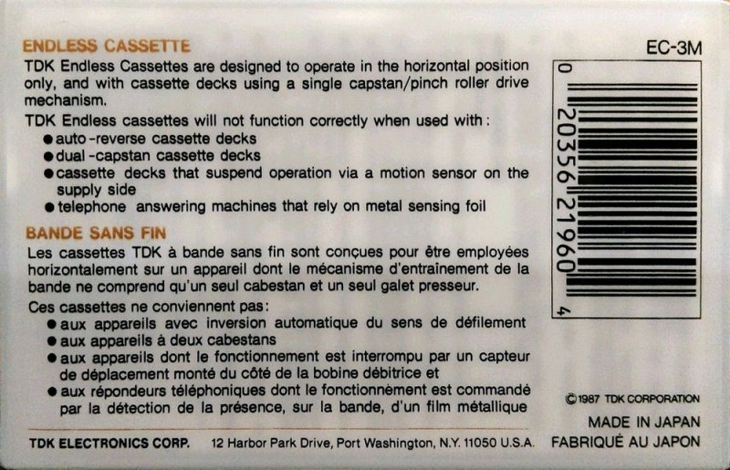 Compact Cassette TDK EC Endless 3 "EC-3M" Endless Cassette 1987 North America