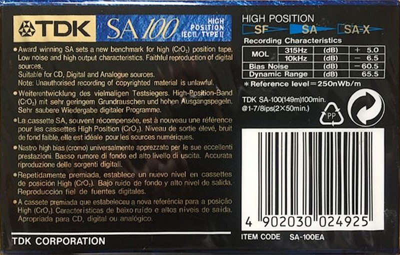 Compact Cassette TDK SA 100 "SA-100EA" Type II Chrome 1995 Europe