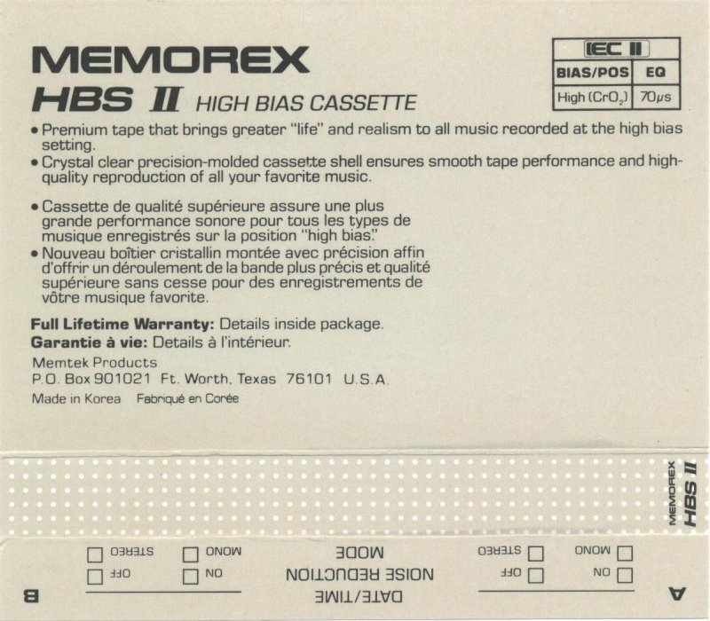 Compact Cassette Memorex HBS II 90 Type II Chrome 1989 North America
