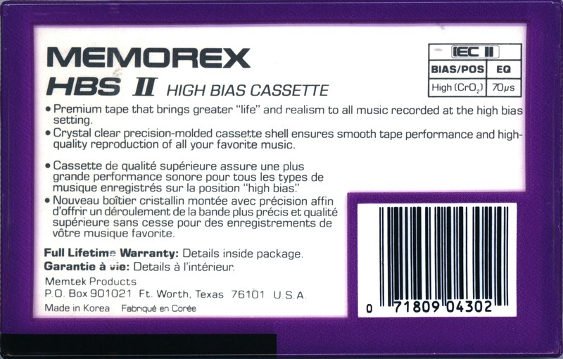 Compact Cassette Memorex HBS II 90 Type II Chrome 1989 North America