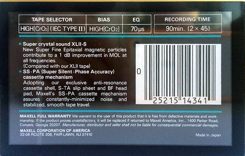 Compact Cassette Maxell XLII-S 90 Type II Chrome 1986 USA
