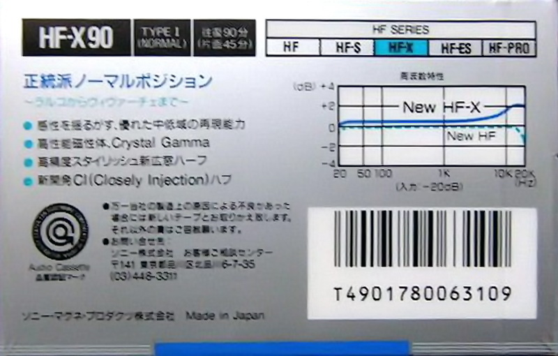 Compact Cassette Sony HF-X 90 "HF-X 90A" Type I Normal 1988 Japan
