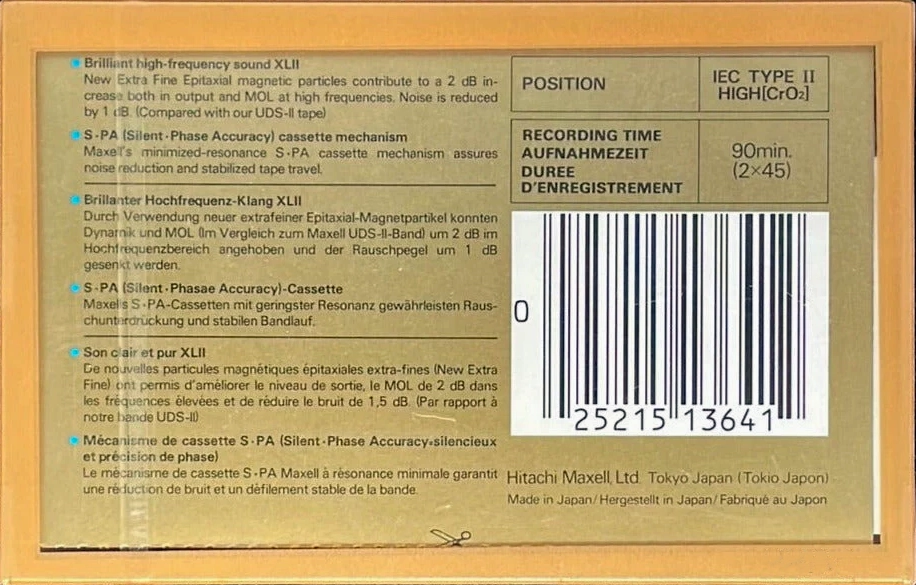 Compact Cassette Maxell XLII 90 Type II Chrome 1985 North America