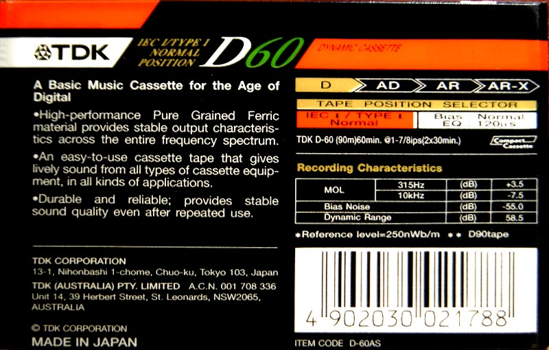 Compact Cassette TDK D 60 "D-60AS" Type I Normal 1990 Australia