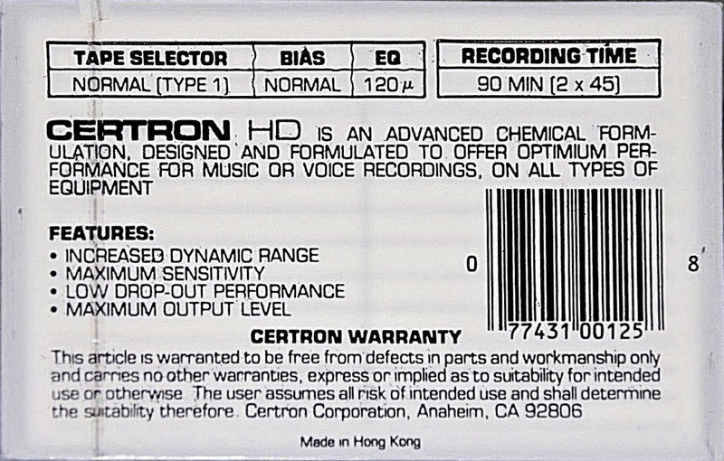 Compact Cassette Certron HD 90 Type I Normal 1976 Hong Kong