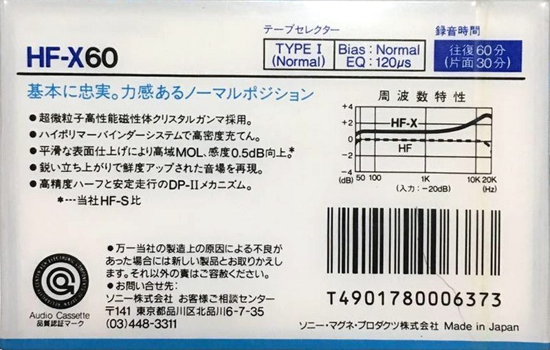 Compact Cassette Sony HF-X 60 Type I Normal 1986 Japan