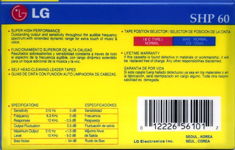 Compact Cassette LG SHP 60 Type I Normal 1991 North America