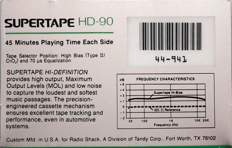 Compact Cassette SUPERTAPE HD 90 "44-941" Type II Chrome 1988 USA