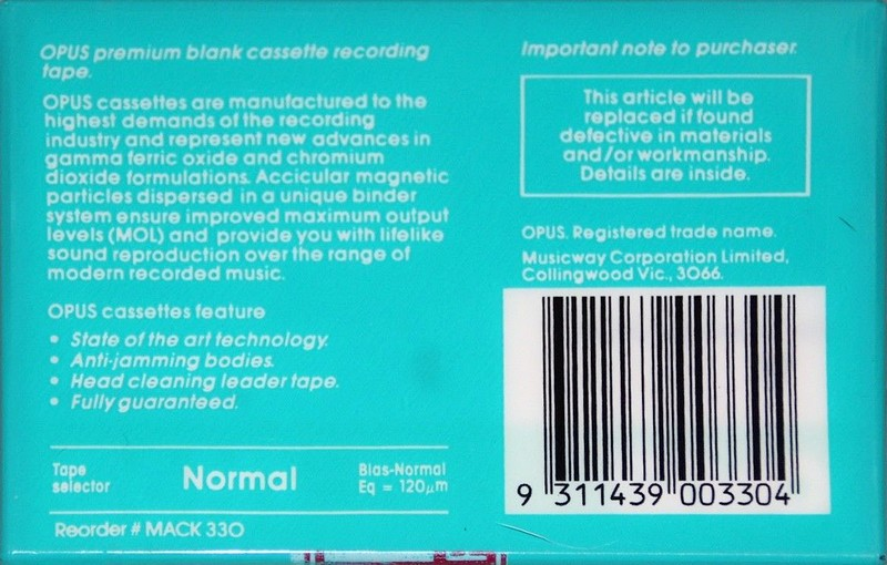 Compact Cassette Opus LN 90 Type I Normal 1985 Australia