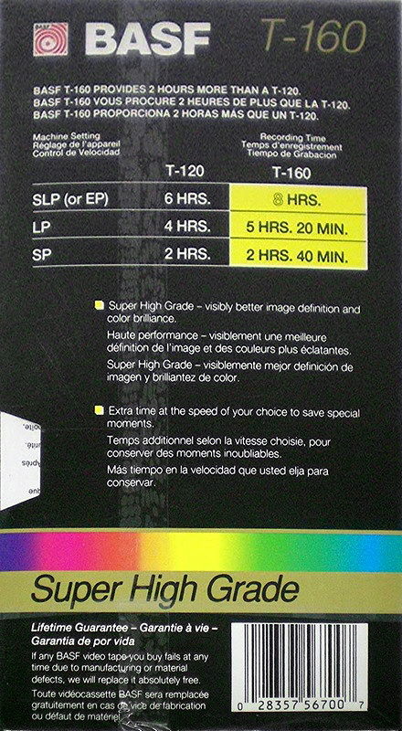 VHS, Video Home System BASF super HG 160 Type I Normal 1988 North America