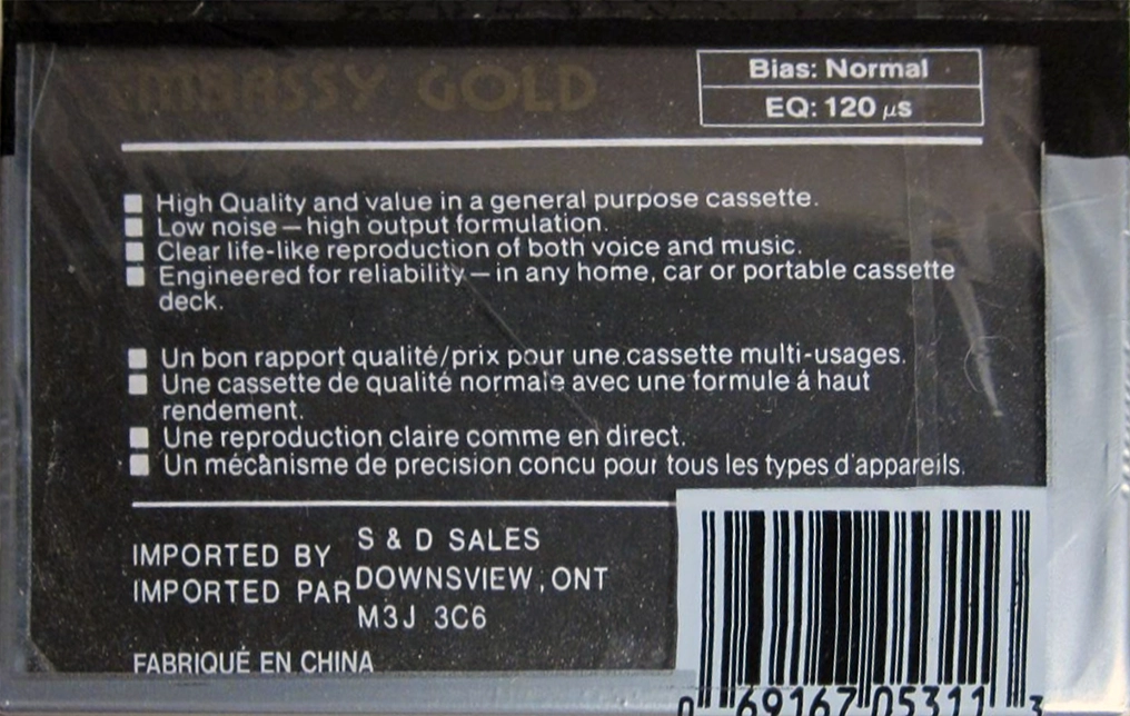 Compact Cassette Embassy Gold 100 Type I Normal 1988 Canada