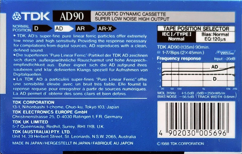 Compact Cassette TDK AD 90 Type I Normal 1988 Australia, Europe