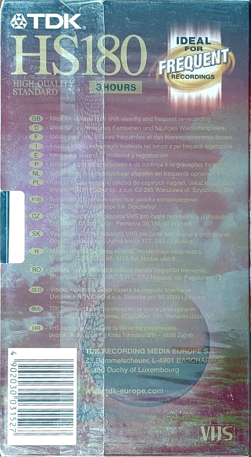 VHS, Video Home System TDK HS 180 "E-180HSEN" Type I Normal Worldwide