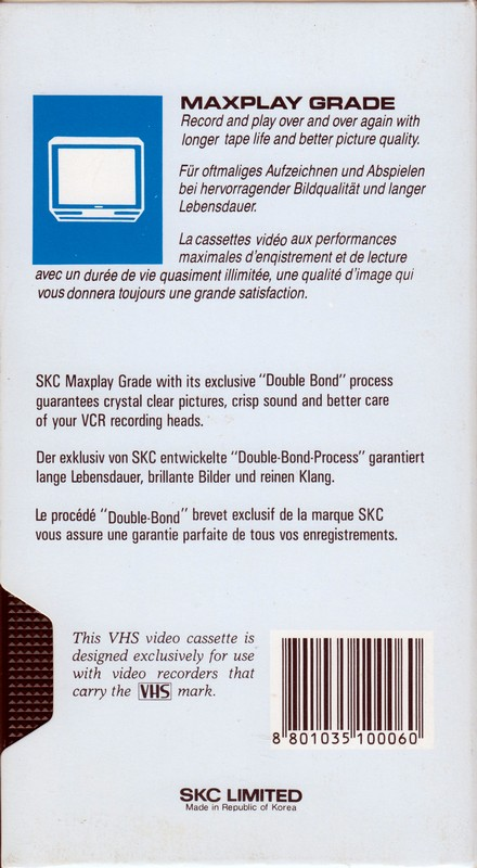 VHS, Video Home System SKC HQ 180 Type I Normal 1995 Europe