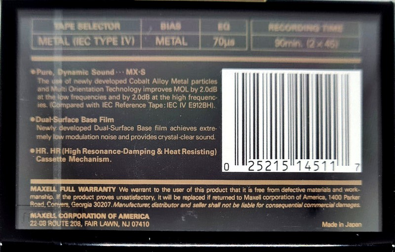 Compact Cassette Maxell MX-S 90 Type IV Metal 1992 USA