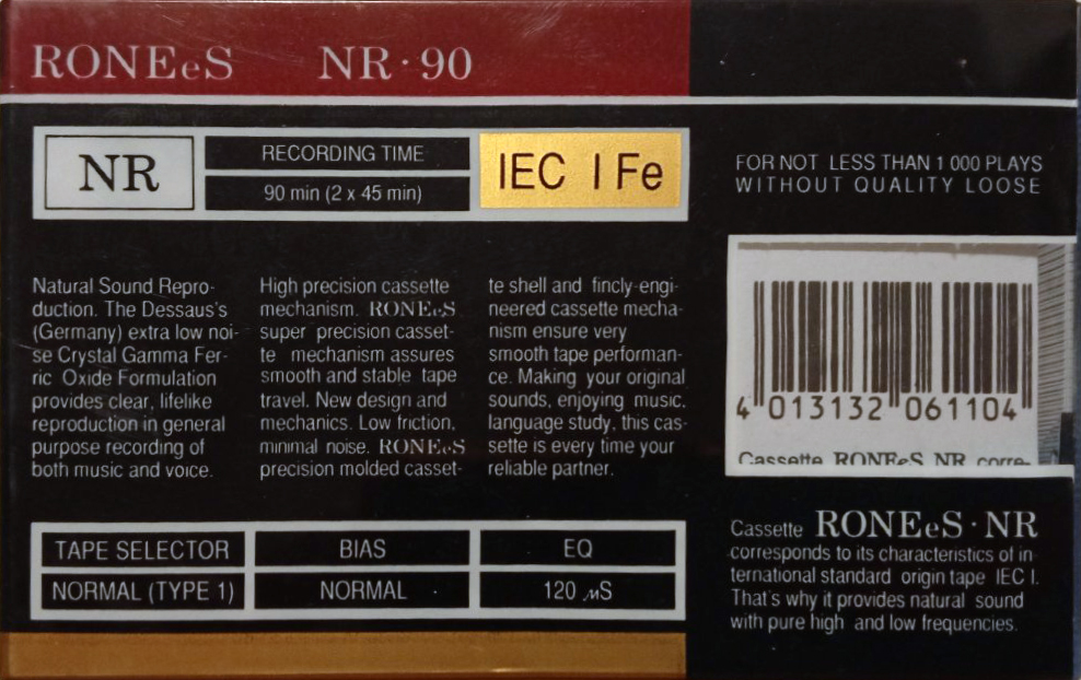 Compact Cassette Ronees NR 90 Type I Normal 1991 Russia