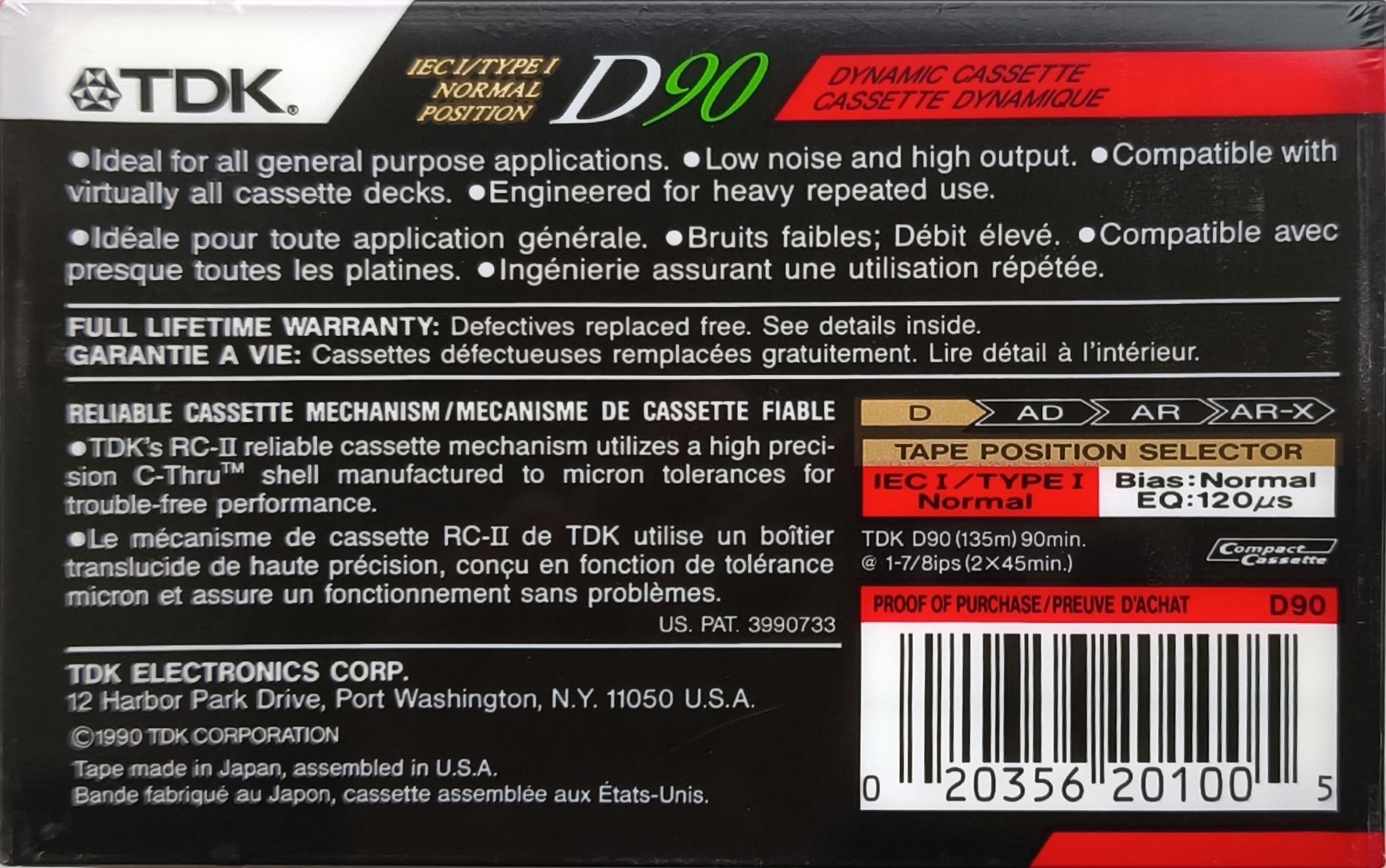 Compact Cassette TDK D 90 Type I Normal 1990 Canada