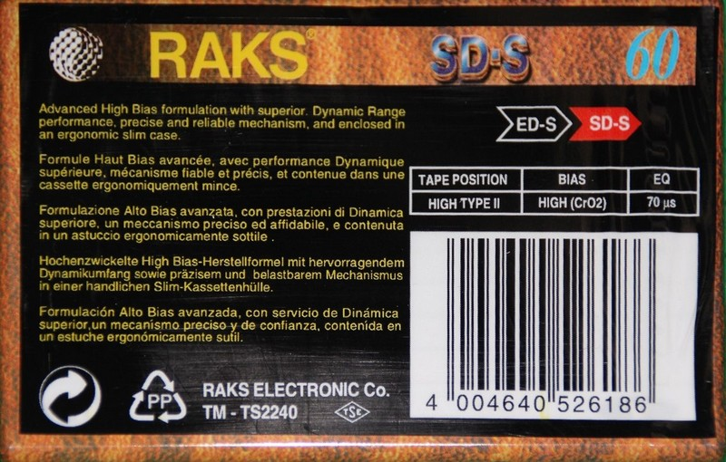 Compact Cassette RAKS SD-S 60 Type II Chrome 1993 Europe