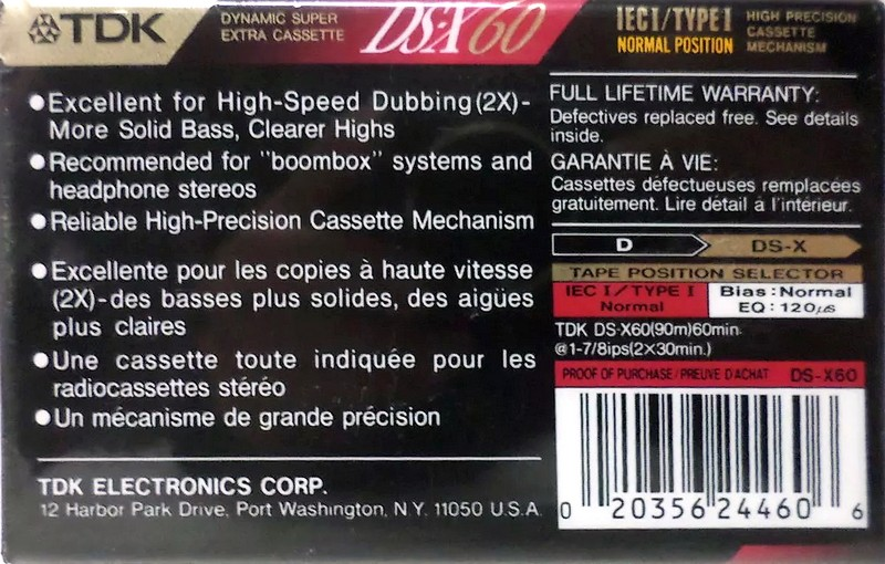 Compact Cassette TDK DS-X 60 Type I Normal 1992 North America