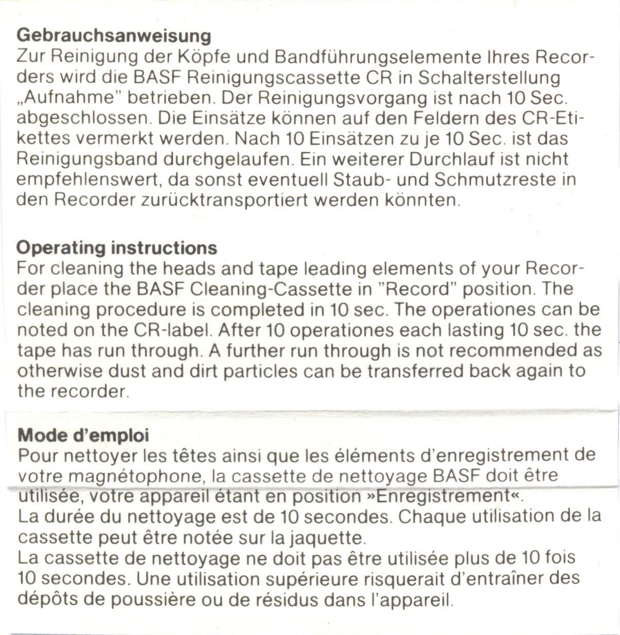 Compact Cassette BASF Cleaning Cassette 1977 Europe