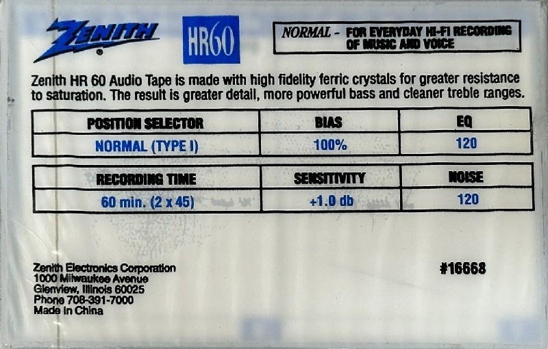 Compact Cassette Zenith HR 60 Type I Normal 1990 USA