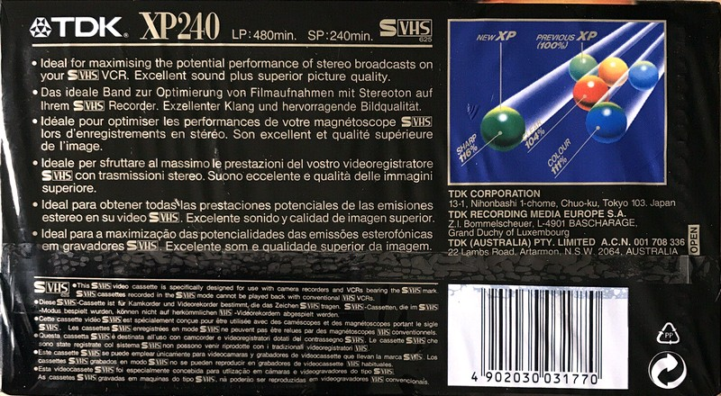 VHS, Video Home System TDK XP 240 Type I Normal Australia, Europe