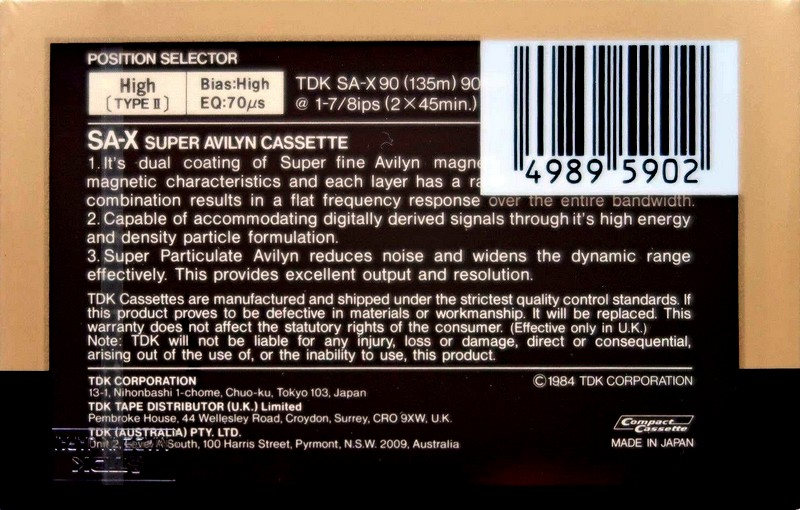 Compact Cassette TDK SA-X 90 Type II Chrome 1984 Australia, Europe