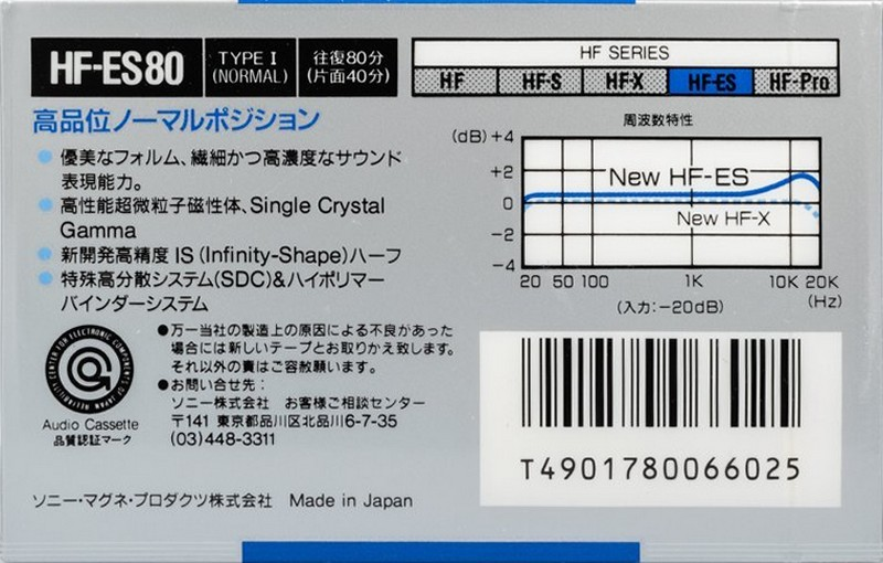 Compact Cassette Sony HF-ES 80 Type I Normal 1988 Japan